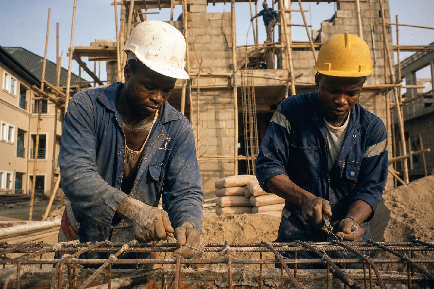 Engineers on a Nigerian housing estate construction site
